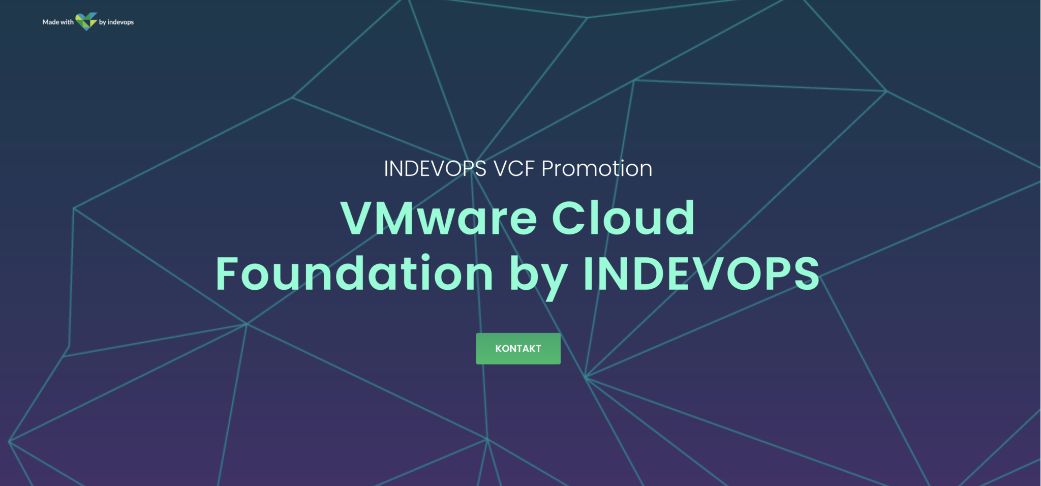 picture of a hero section with text VMware Cloud Foundation by INDEVOPS and contact button