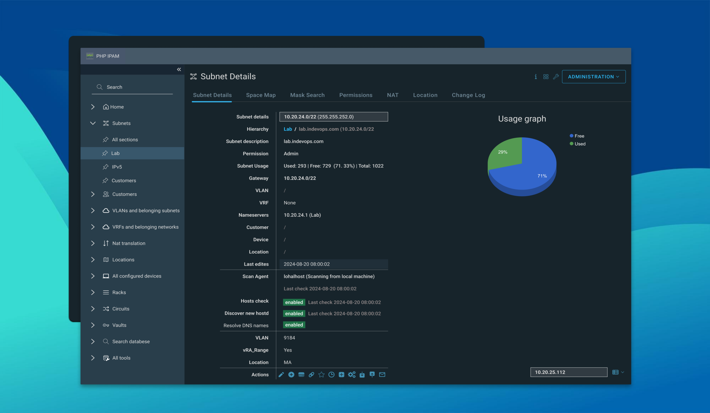 dashboard showing subnet details in php ipam